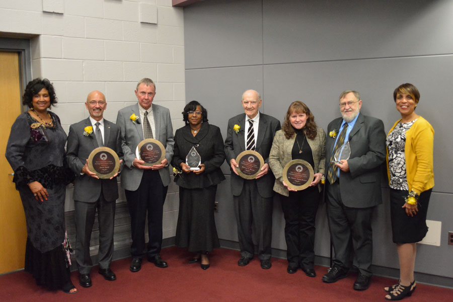 Featured L-R: Lennetta Coney, Foundation for MCC President, Alum Bill Angus, Queen Marshall for Supt. Quintin Marshall, Sr. (Community Advocate Award), Alums Howard Bueche & Teresa Ennis-Decker, Outstanding Retiree James Drummond, and Dr. Beverly Walker-Griffea, MCC President