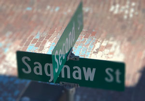 Second Street and Saginaw Street road signs