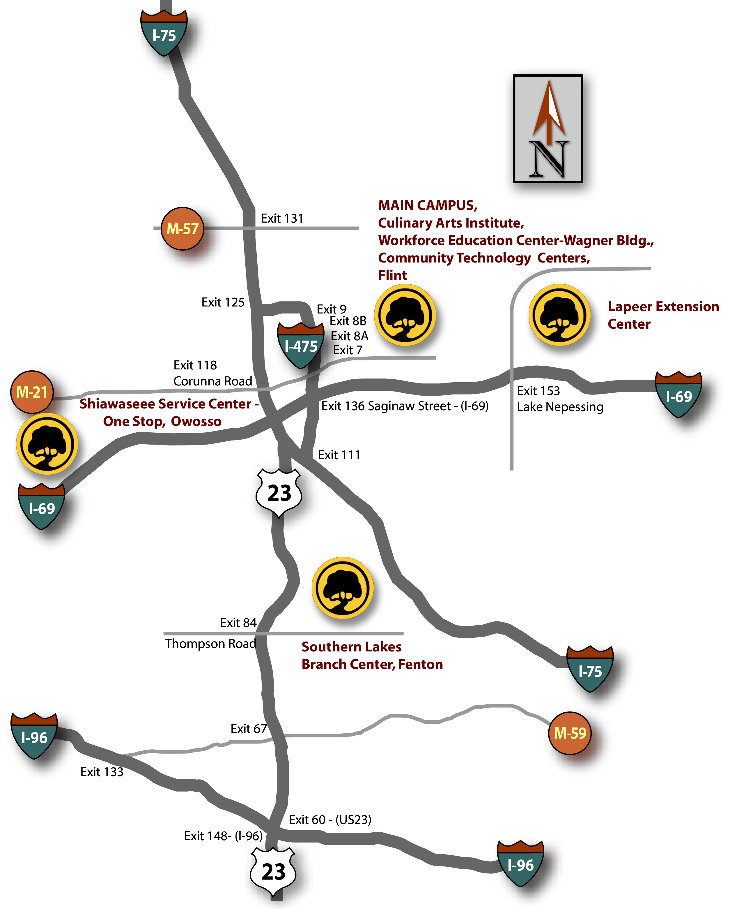 Basic Map of regional area of Mott Community College Main Campus and surrounding extension and satellite locations highlighted by Mott Tree Logos