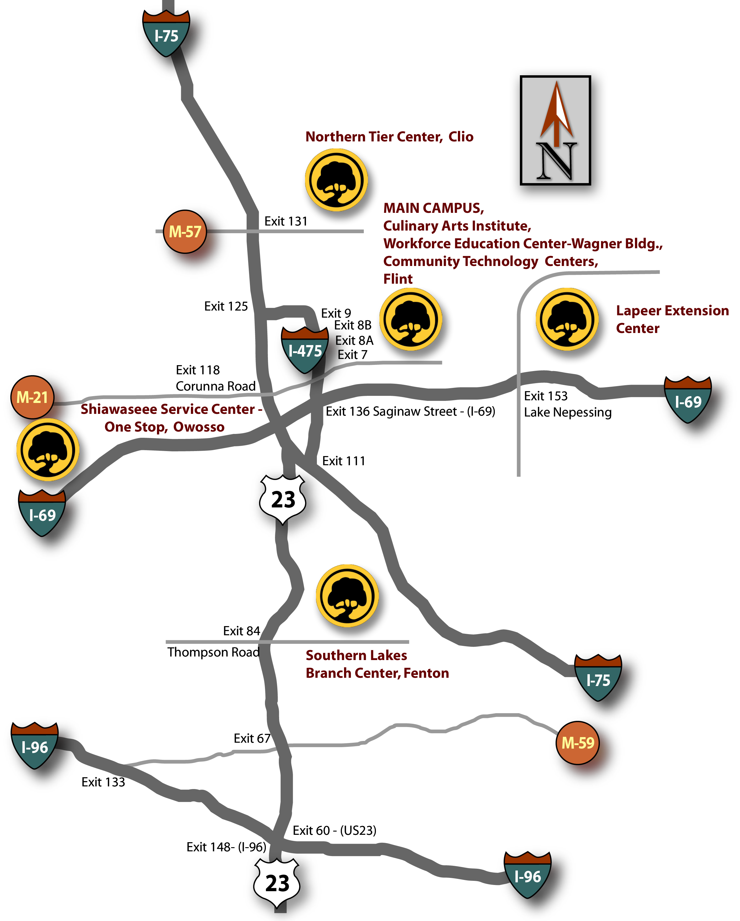 Basic Map of regional area of Mott Community College Main Campus and surrounding extension and satellite locations highlighted by Mott Tree Logos