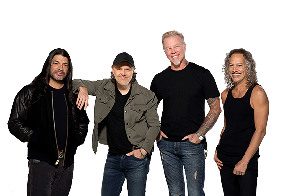Group photo of the members of the rock band Metallica: L to R. Robert Trujillo, Lars Ulrich, James Hetfield, Kirk Hammet